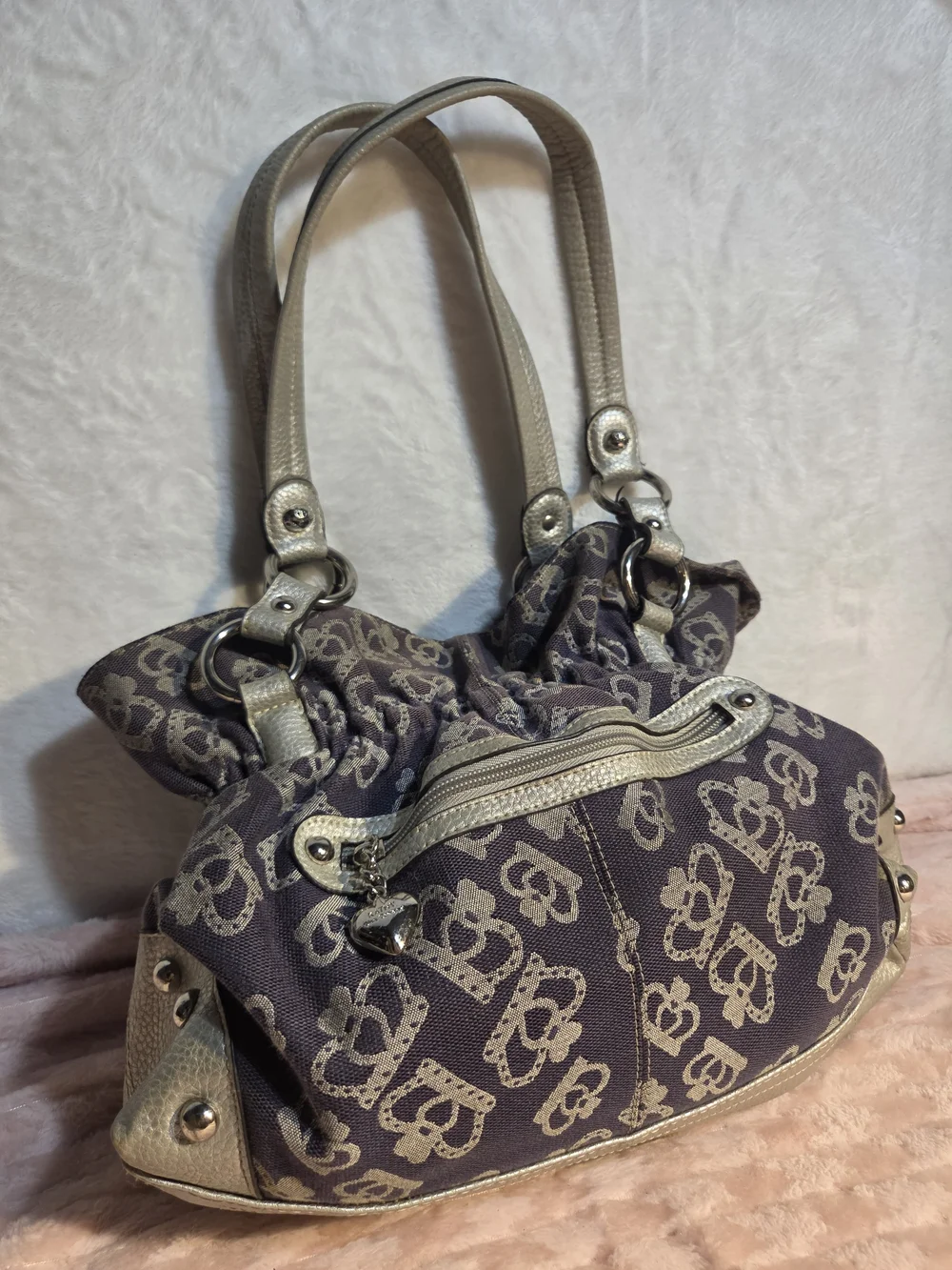Designer-Inspired Taupe Crown Print Satchel with Gold Trim